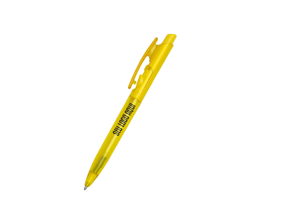 Caneta esferográfica feita em plástico translúcido, proporcionando um visual moderno e leve. Possui mecanismo de acionamento por clique, oferecendo praticidade e facilidade de uso. Ideal para o dia a dia, é uma opção simples e eficiente para quem busca uma escrita fluida e confortável