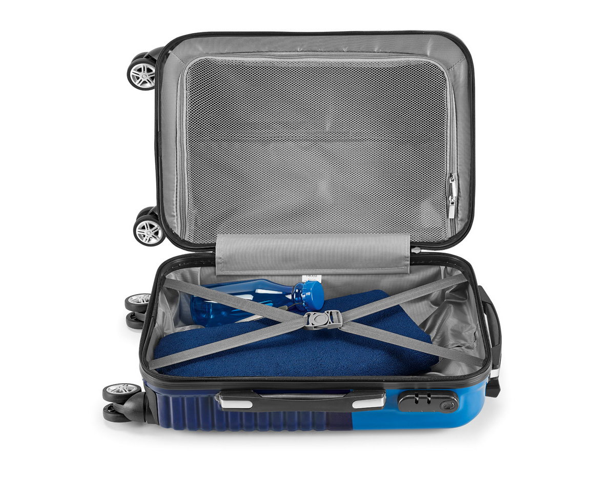 Mala de ABS e PC para viagem com forro e compartimentos no interior. Acompanha pega extensível de ferro e mola, 4 rodas duplas giratórias e fecho de segurança com senha.
