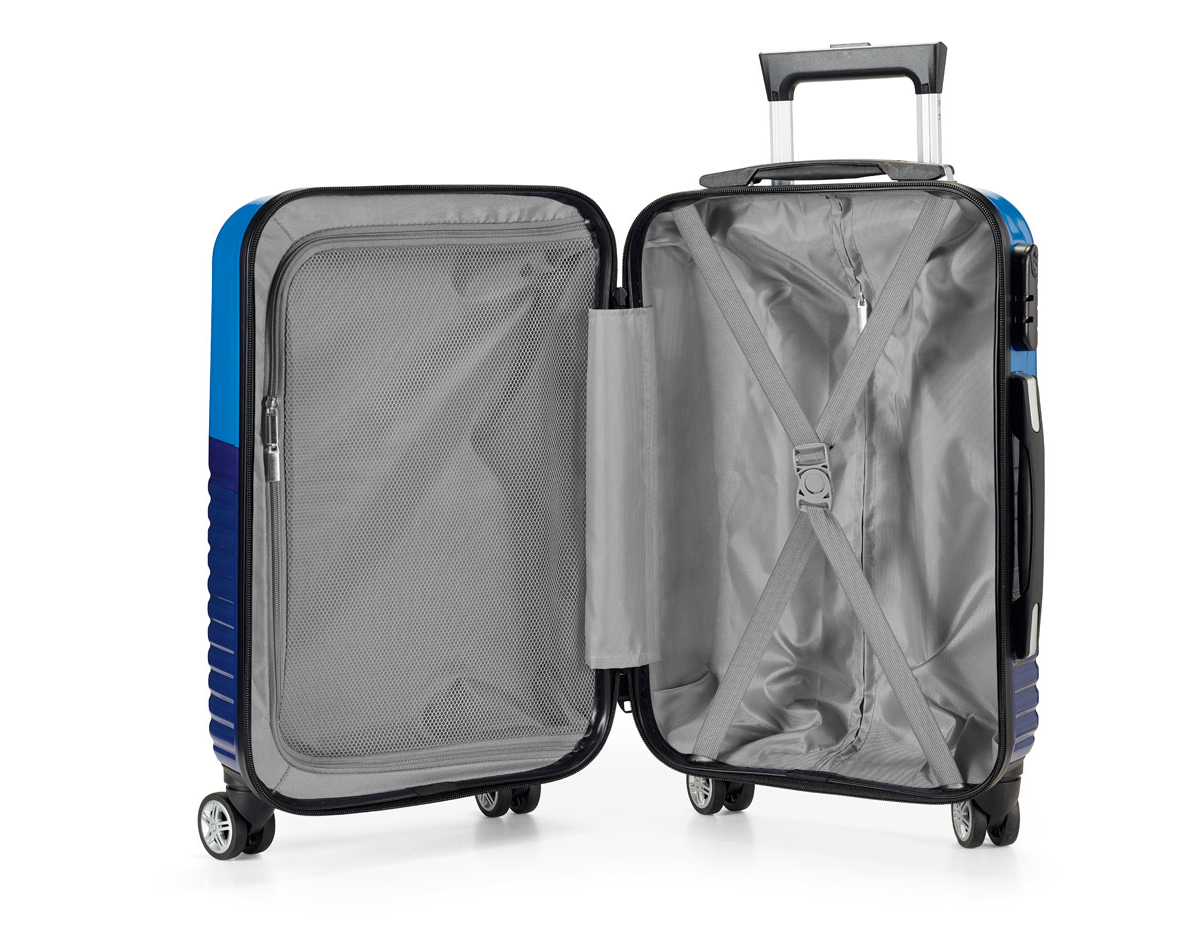 Mala de ABS e PC para viagem com forro e compartimentos no interior. Acompanha pega extensível de ferro e mola, 4 rodas duplas giratórias e fecho de segurança com senha.