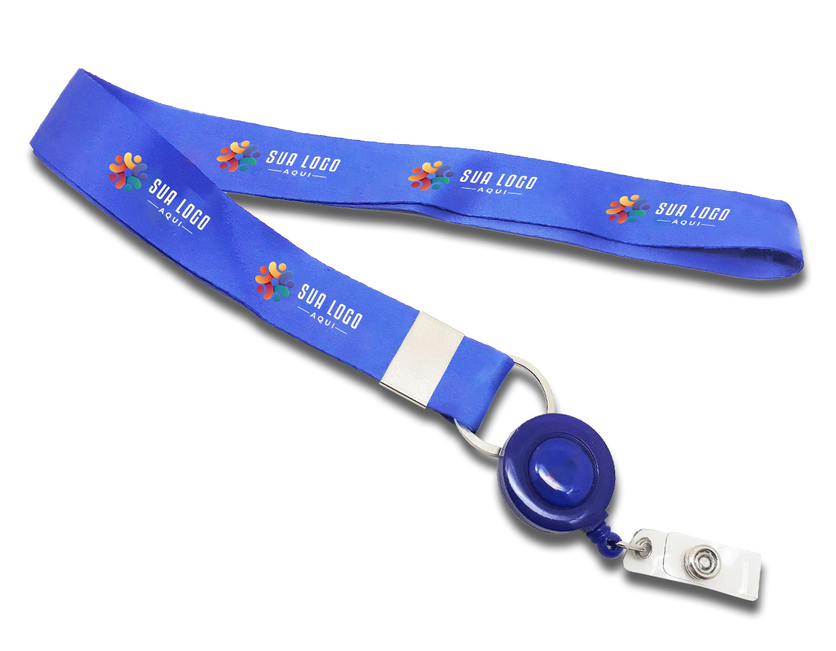 Cordão para crachá retrátil. Acompanha roller clips 85 cm x 2 cm