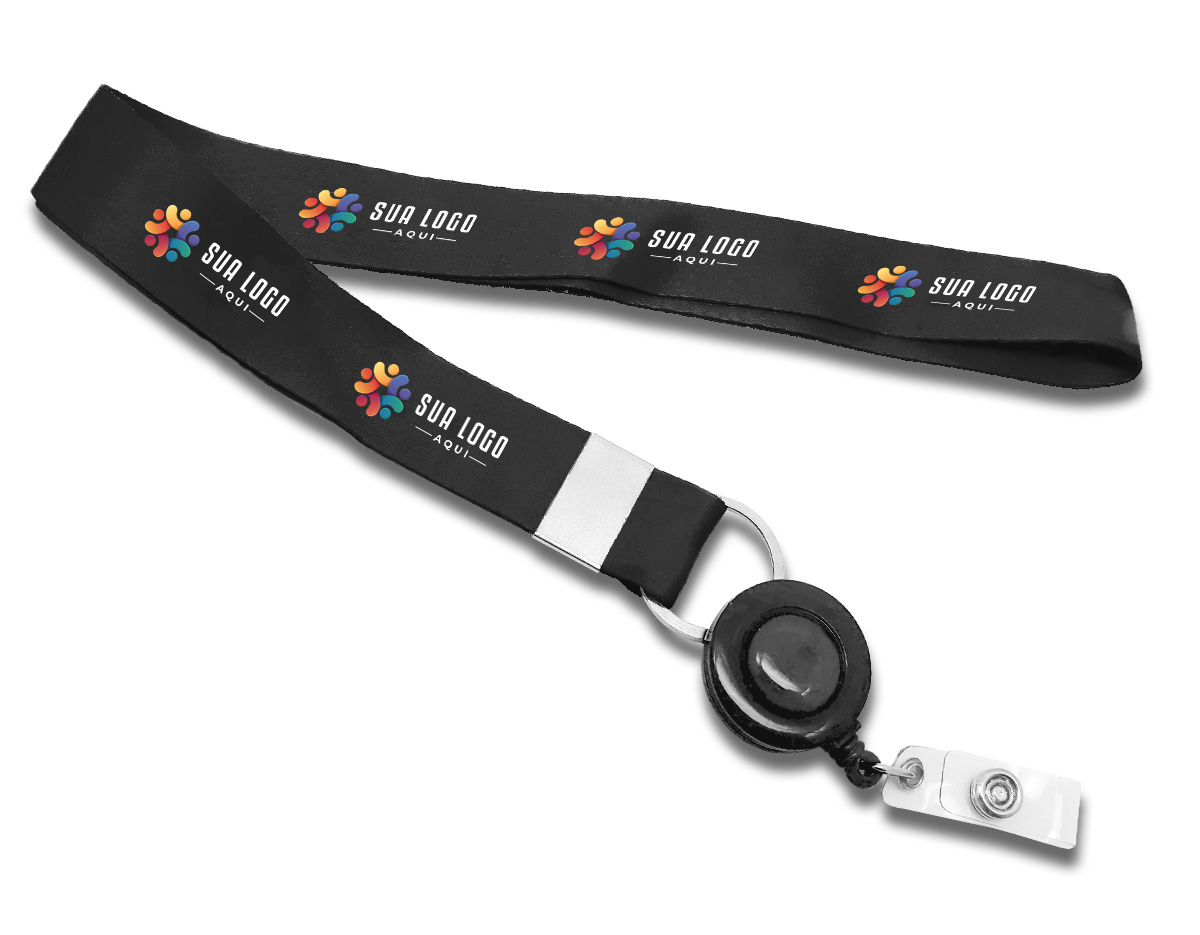 Cordão para crachá retrátil. Acompanha roller clips 85 cm x 2 cm