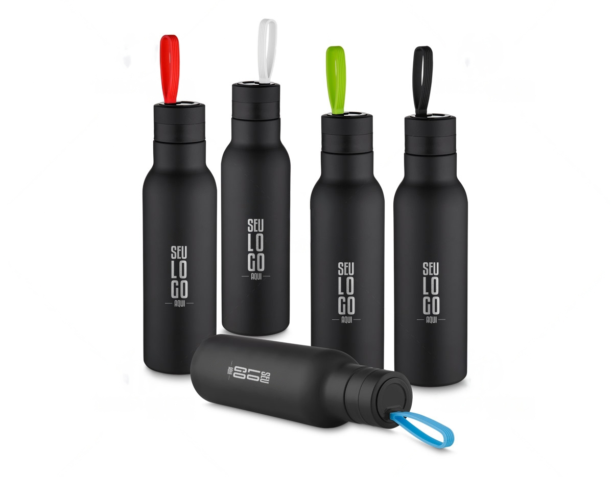 Squeeze em metal 500 ml com parede dupla de inox. Com revestimento emborrachado.