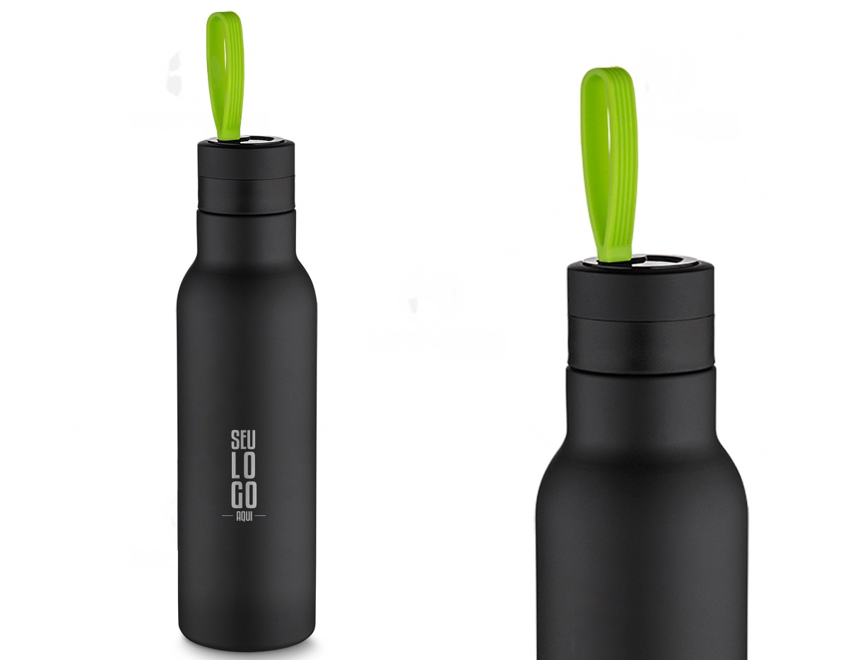 Squeeze em metal 500 ml com parede dupla de inox. Com revestimento emborrachado.