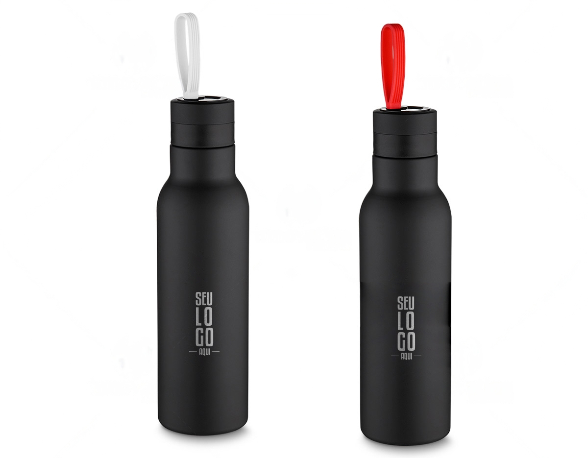 Squeeze em metal 500 ml com parede dupla de inox. Com revestimento emborrachado.