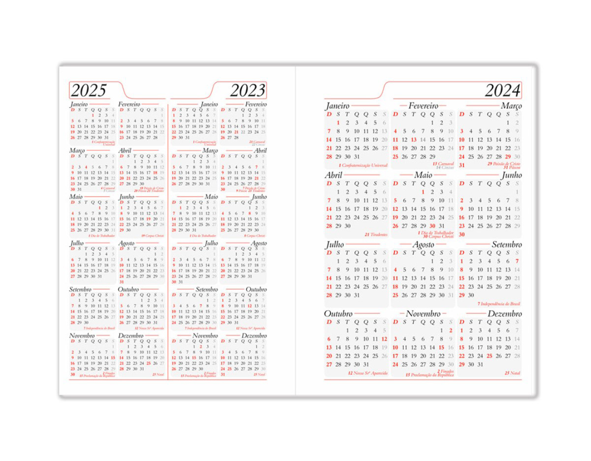 Agenda diária 2025 de couro sintético. Contém fita de cetim marca página, dados pessoais, calendário de 2024 à 2026, mapa do Brasil, mapa-múndi, índice telefônico e planejamento.