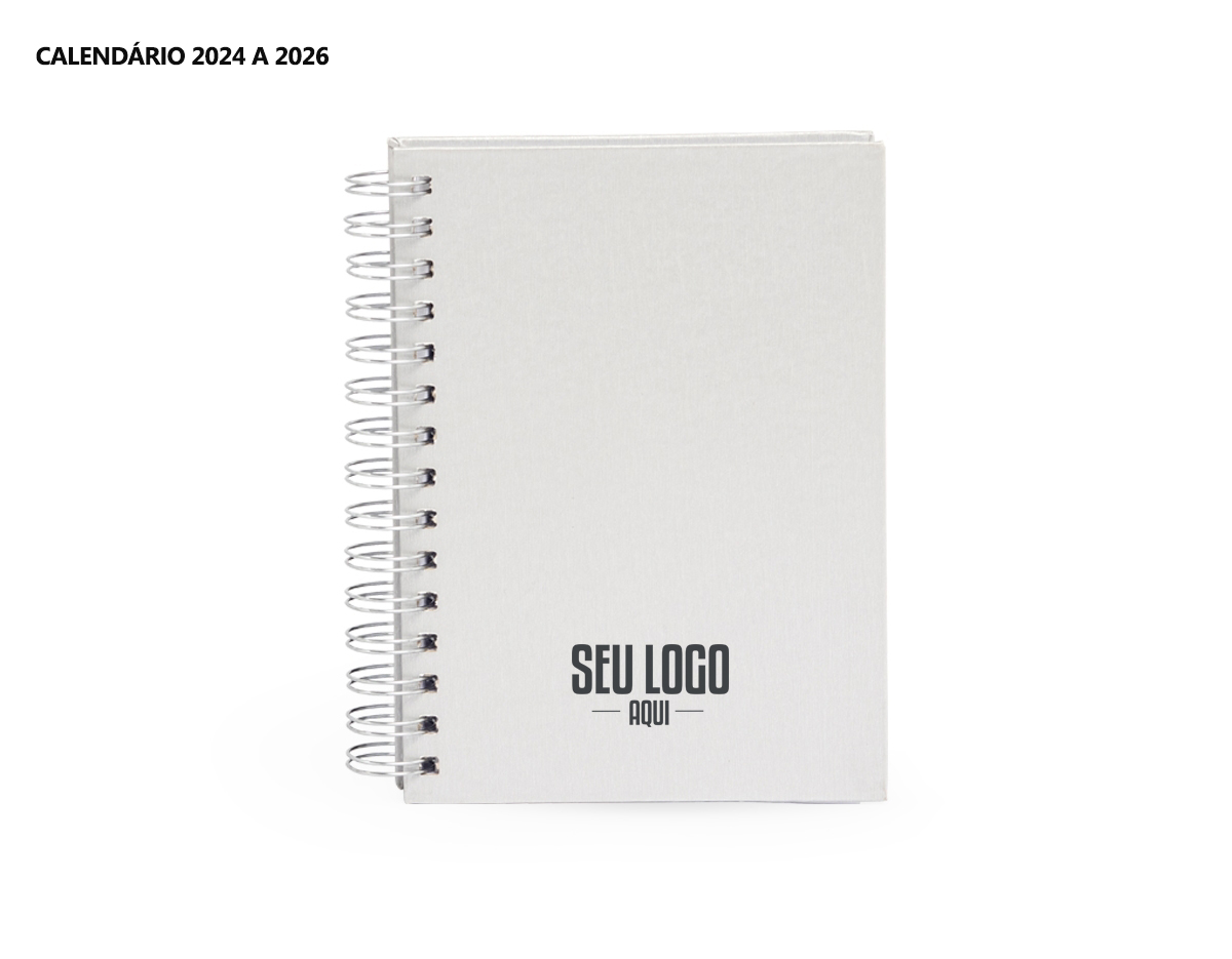 Agenda diária 2025 metalizada em Percalux com wire-o metálico. Possui "bolso" plástico atrás da capa, páginas de dados pessoais, calendário 2024 a 2026, mapa do Brasil, mapa-múndi, índice telefônico e planejamento.