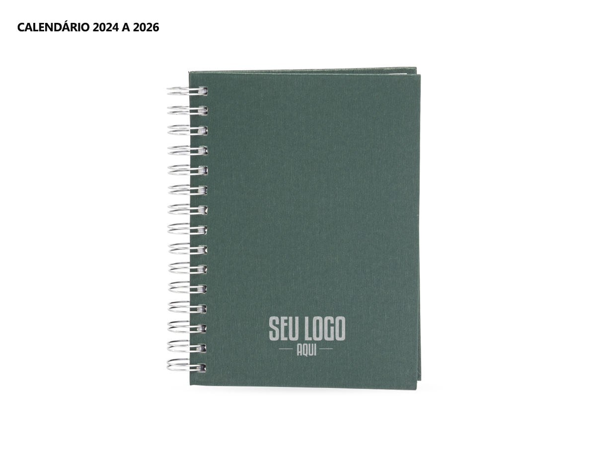 Agenda diária 2025 metalizada em Percalux com wire-o metálico. Possui "bolso" plástico atrás da capa, páginas de dados pessoais, calendário 2024 a 2026, mapa do Brasil, mapa-múndi, índice telefônico e planejamento.