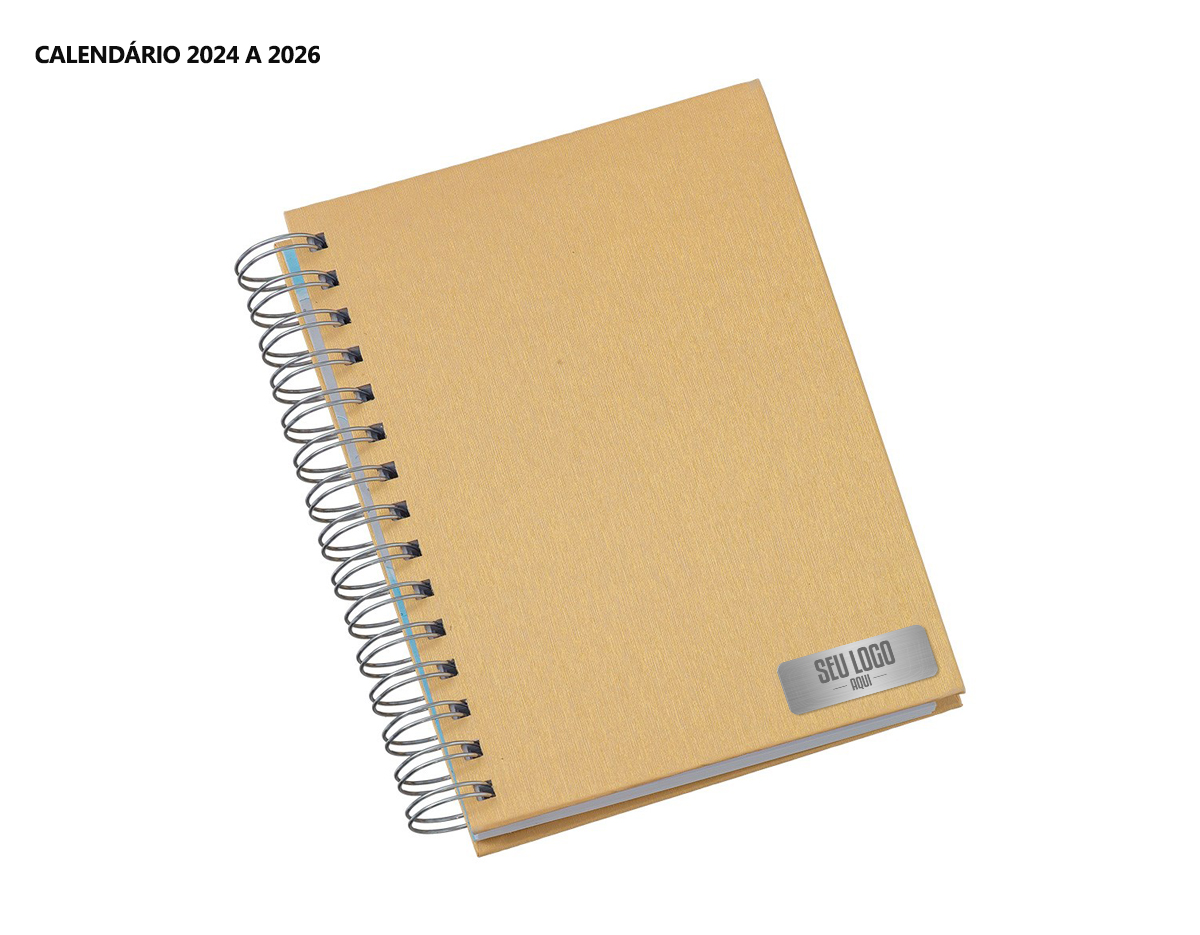 Agenda diária 2025 metalizada em Percalux com wire-o metálico. Possui "bolso" plástico atrás da capa, páginas de dados pessoais, calendário 2024 a 2026, mapa do Brasil, mapa-múndi, índice telefônico e planejamento.