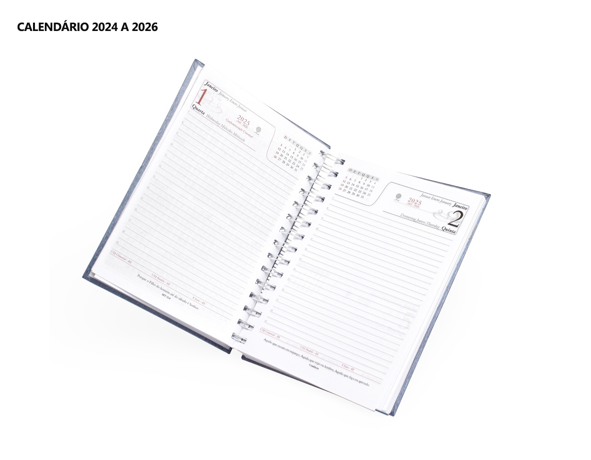 Agenda diária 2025 metalizada em Percalux com wire-o metálico. Possui "bolso" plástico atrás da capa, páginas de dados pessoais, calendário 2024 a 2026, mapa do Brasil, mapa-múndi, índice telefônico e planejamento.