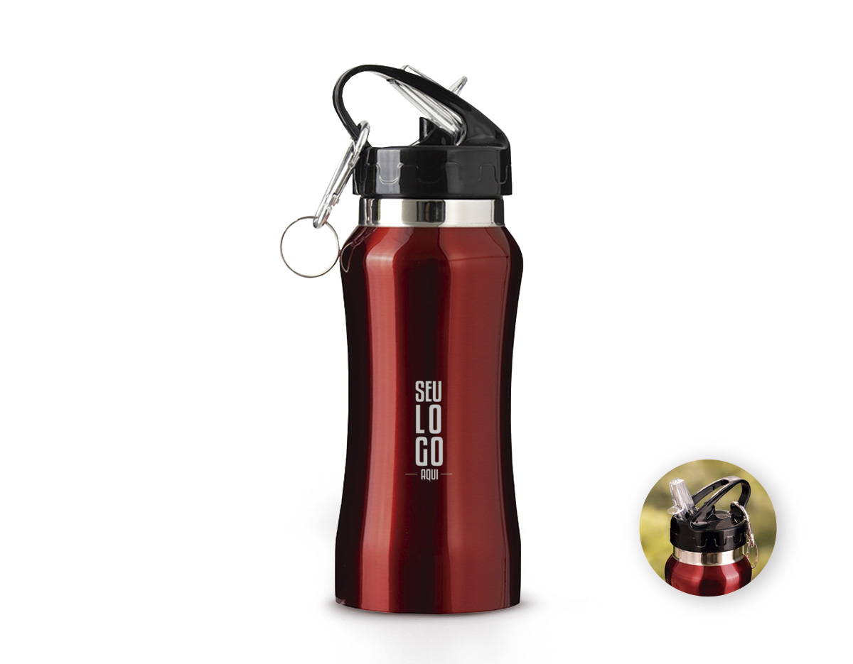 Squeeze em inox com capacidade para até 500ml. Possui tampa rosqueável em plástico com alça fixa e bico flip. Acompanha canudo interno removível e mosquetão metálico com argola.