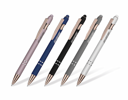 Caneta esferográfica em metal com acabamento fosco e escrita azul. Possui refil tipo Parker, proporcionando escrita suave e duradoura. Conta ainda com ponta touch emborrachada para uso em telas touchscreen e elegante detalhe dourado, tornando-se uma opção sofisticada e funcional para brindes corporativos.
