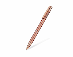 Caneta esferográfica em metal com escrita azul e acabamento brilhante, que destaca seu visual moderno e elegante. Possui detalhe em dourado rosé que agrega sofisticação ao design. Uma peça funcional e refinada, ideal para brindes corporativos que valorizam estilo, qualidade e boa apresentação.