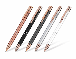 Caneta esferográfica em metal com escrita azul e acabamento brilhante, que destaca seu visual moderno e elegante. Possui detalhe em dourado rosé que agrega sofisticação ao design. Uma peça funcional e refinada, ideal para brindes corporativos que valorizam estilo, qualidade e boa apresentação.