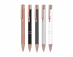 Caneta esferográfica em metal com escrita azul e acabamento brilhante, que destaca seu visual moderno e elegante. Possui detalhe em dourado rosé que agrega sofisticação ao design. Uma peça funcional e refinada, ideal para brindes corporativos que valorizam estilo, qualidade e boa apresentação.