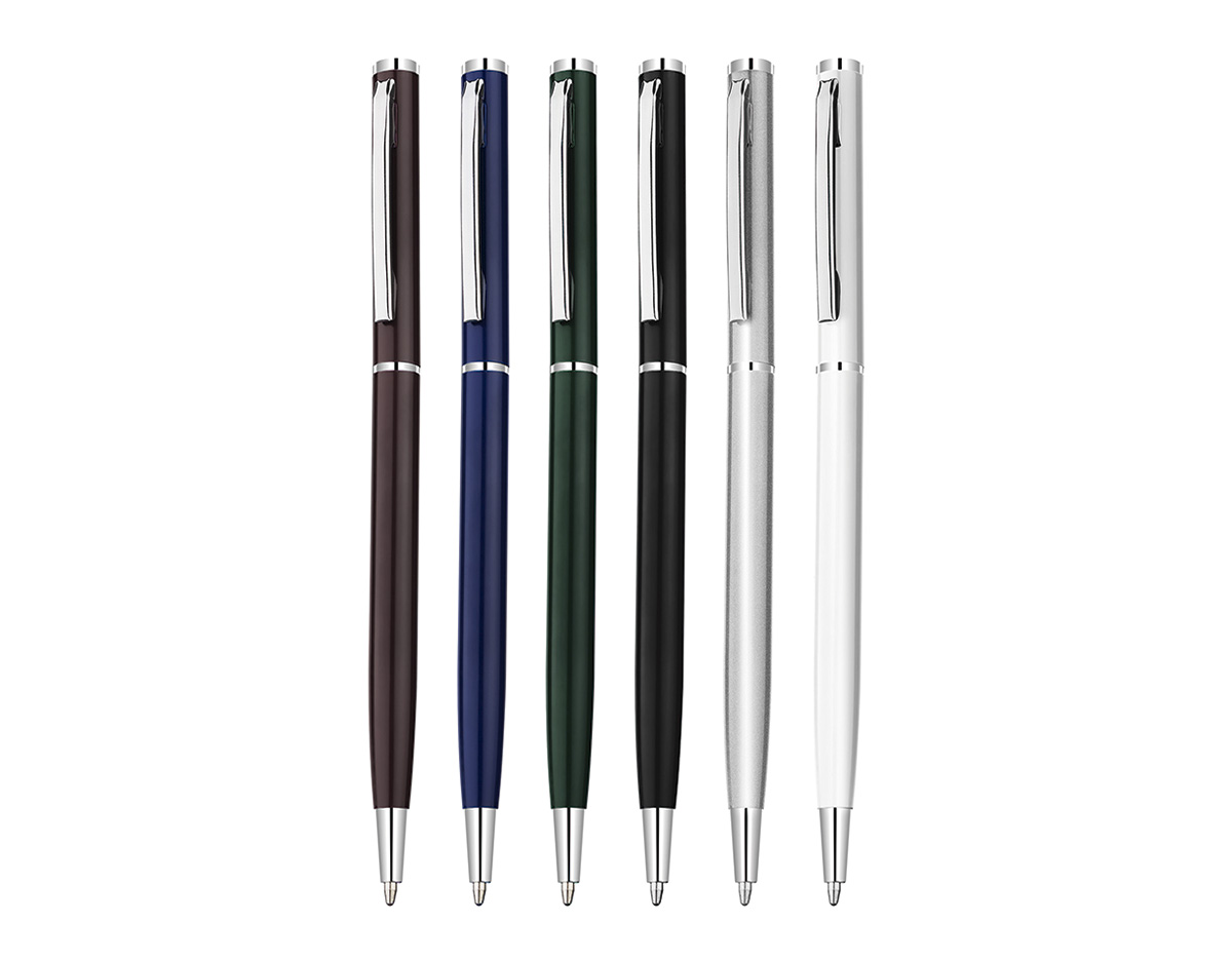 Caneta esferográfica em metal com acabamento sofisticado e detalhe brilhoso que agrega elegância ao design. Possui escrita azul macia e confortável, ideal para o dia a dia no escritório. Um brinde corporativo clássico e funcional, perfeito para fortalecer a identidade da marca com requinte e praticidade.
