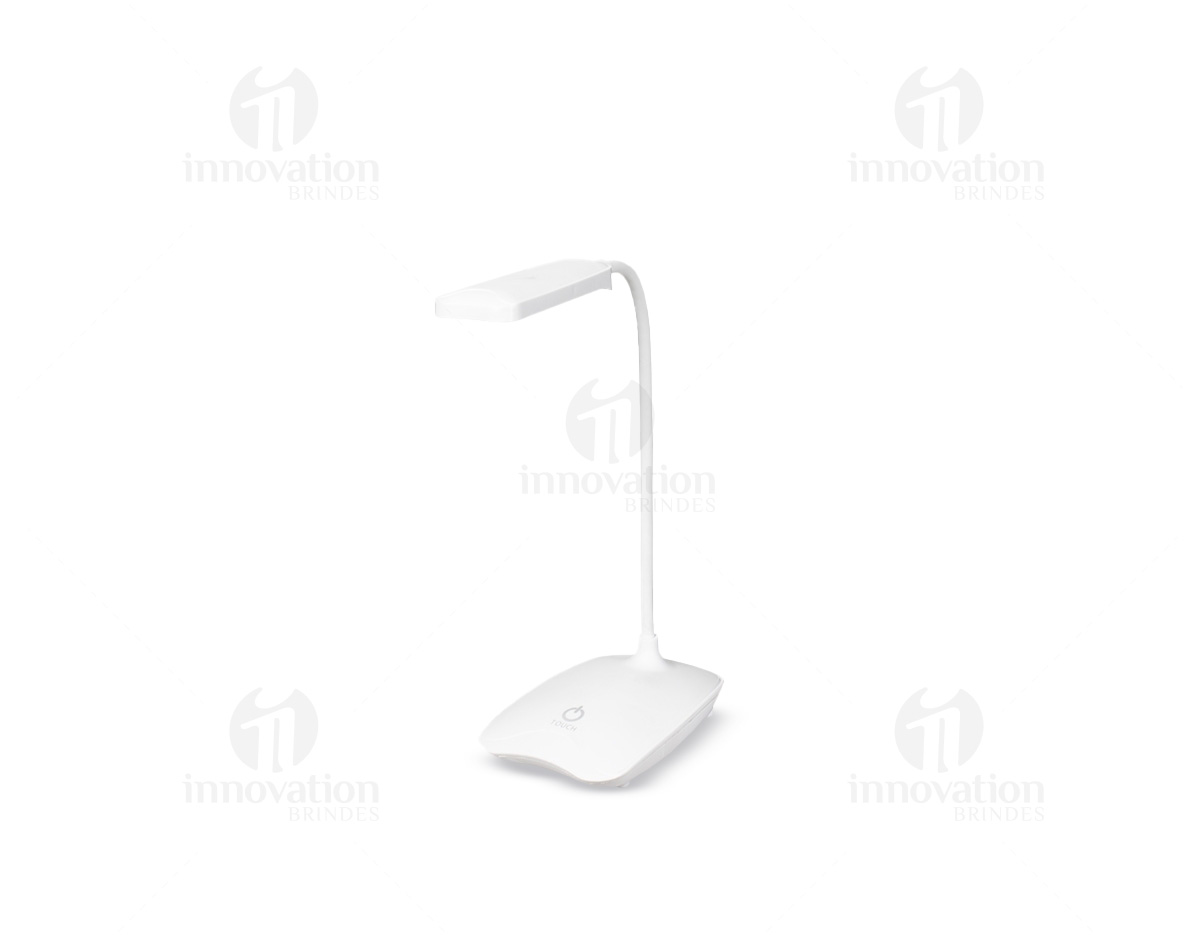 Luminária recarregável com 16 LEDs, estrutura em plástico e haste articulável em múltiplos ângulos. Possui acionamento por toque na base para a seleção de três níveis diferentes de iluminação e entrada Micro USB. Acompanha cabo micro USB para carregamento.
