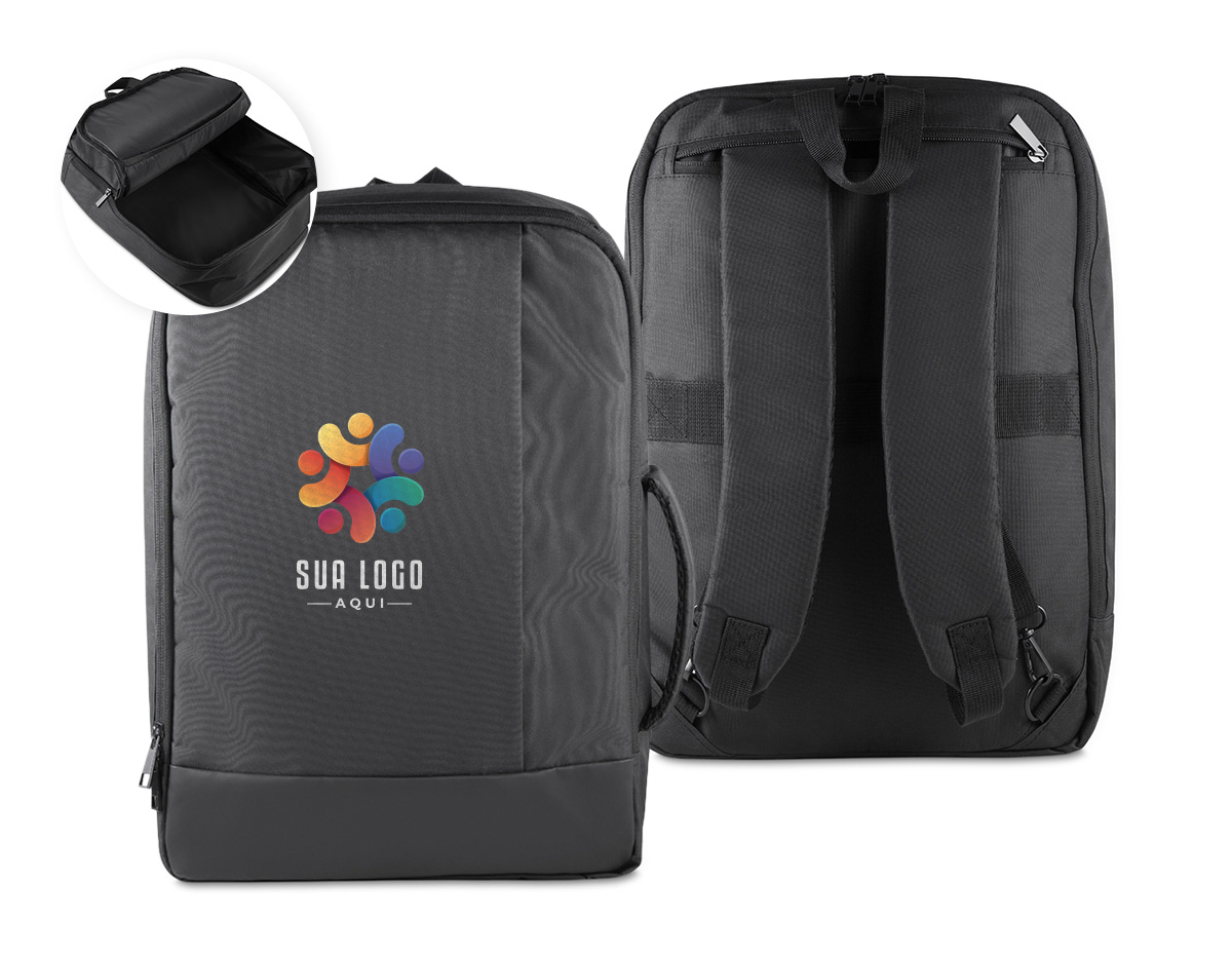Mochila confeccionada em poliéster 300D impermeável com detalhes em couro sintético, fechamento em zíper e capacidade para até 20 litros. Possui alça lateral de mão, que permite o uso na horizontal, como uma pasta, além de bolso posterior para guardar as alças de ombro e engate para malas. Conta ainda com três compartimentos em tamanhos diferentes, incluindo o principal, com divisória interna para notebooks de até 15,6 polegadas.