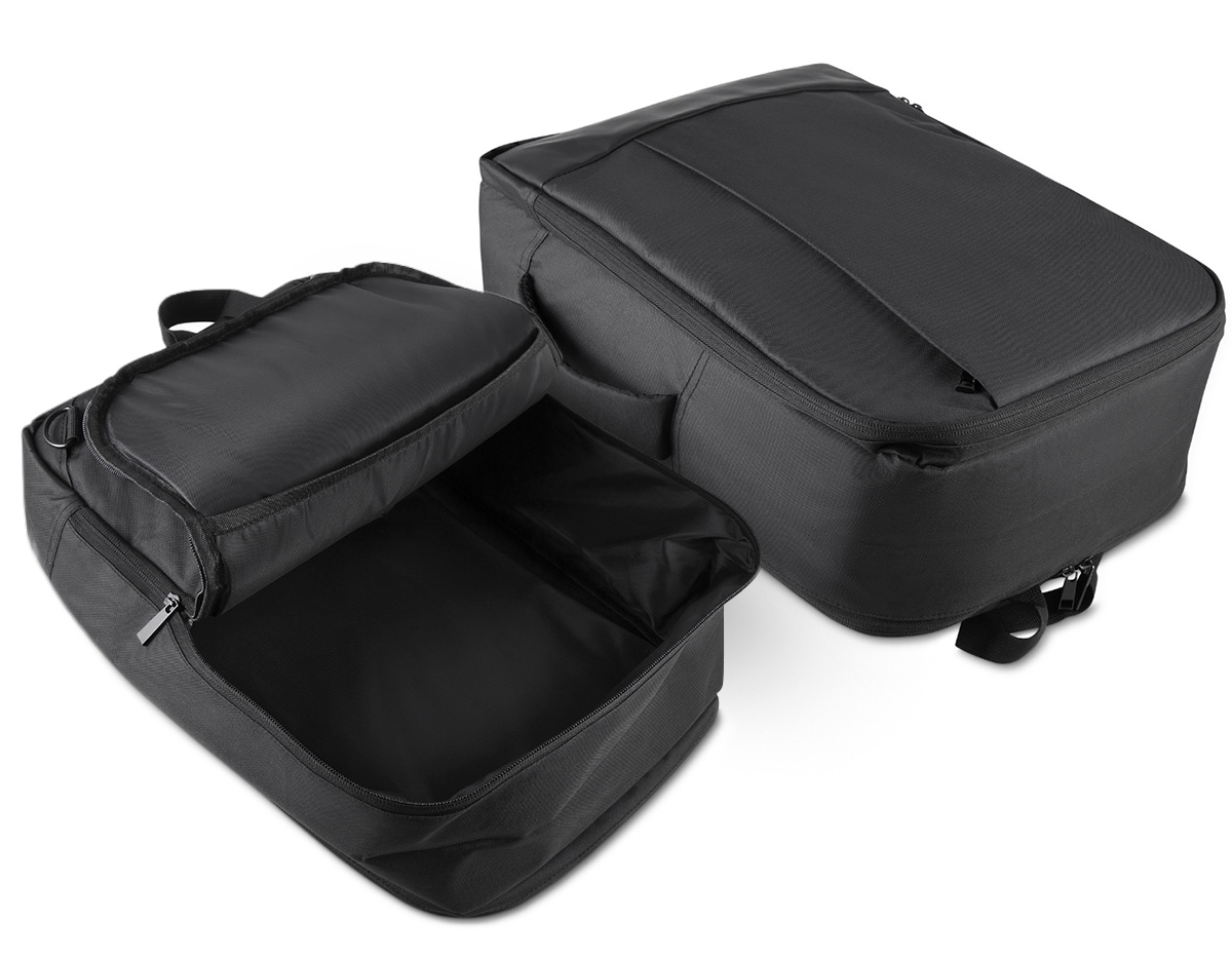 Mochila confeccionada em poliéster 300D impermeável com detalhes em couro sintético, fechamento em zíper e capacidade para até 20 litros. Possui alça lateral de mão, que permite o uso na horizontal, como uma pasta, além de bolso posterior para guardar as alças de ombro e engate para malas. Conta ainda com três compartimentos em tamanhos diferentes, incluindo o principal, com divisória interna para notebooks de até 15,6 polegadas.