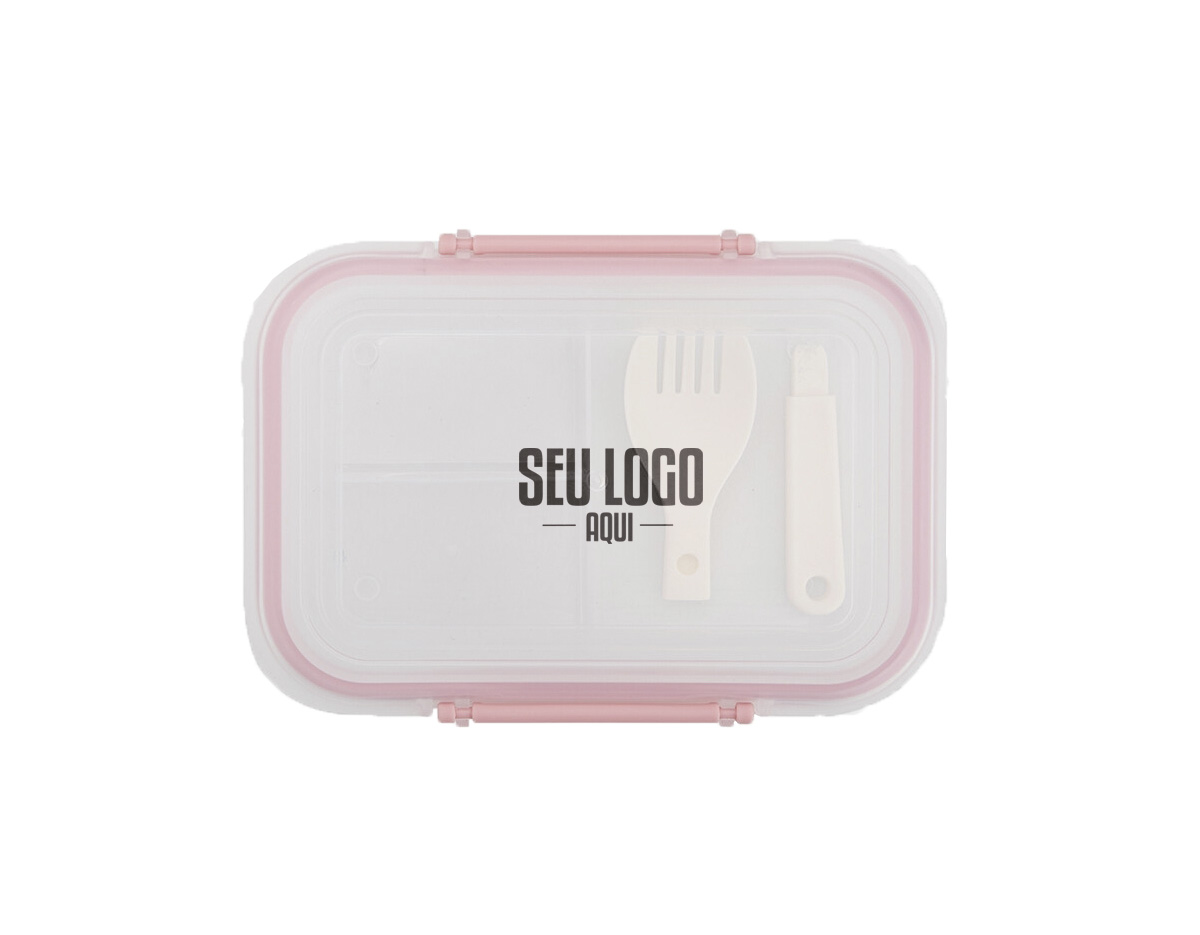 Marmita em plástico polipropileno (PP) livre de BPA com capacidade máxima de 650ml. Possui três divisórias fixas, tampa hermética com anel de vedação em silicone e duas travas laterais. Acompanha colher tipo spork em PP