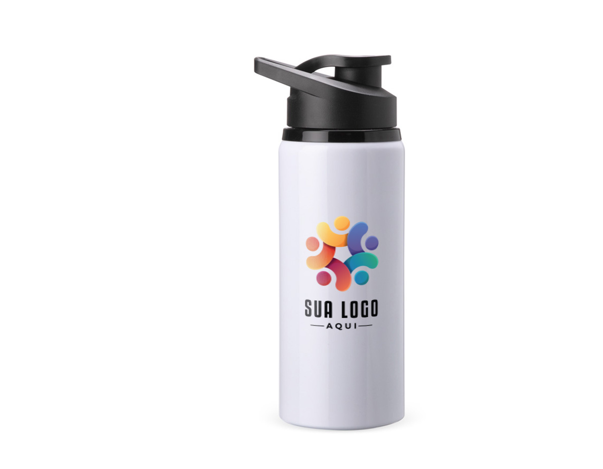 Squeeze em alumínio com pintura de acabamento brilhante e capacidade máxima de 650ml. Possui tampa rosqueável em plástico com alça fixa e tampa protetora para o bocal.