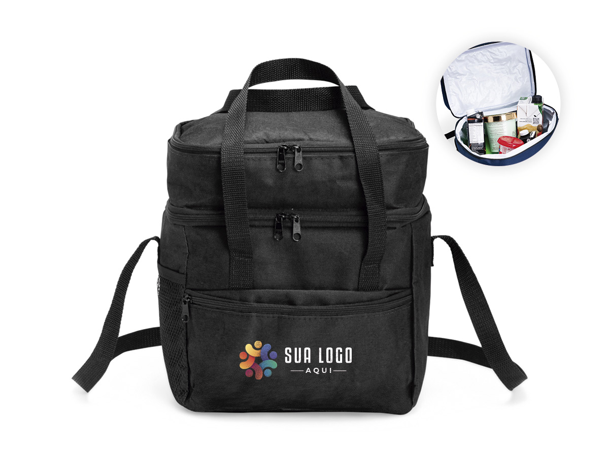 Bolsa térmica confeccionada em poliéster 600 impermeável, fechamento em zíper e dois compartimentos com capacidade para até 14 litros. Possui revestimento interno em laminado branco e bolso telado em malha. Conta ainda com bolso lateral em tela, bolso frontal com fechamento em zíper, duas alças de mão e alça transversal ajustável.