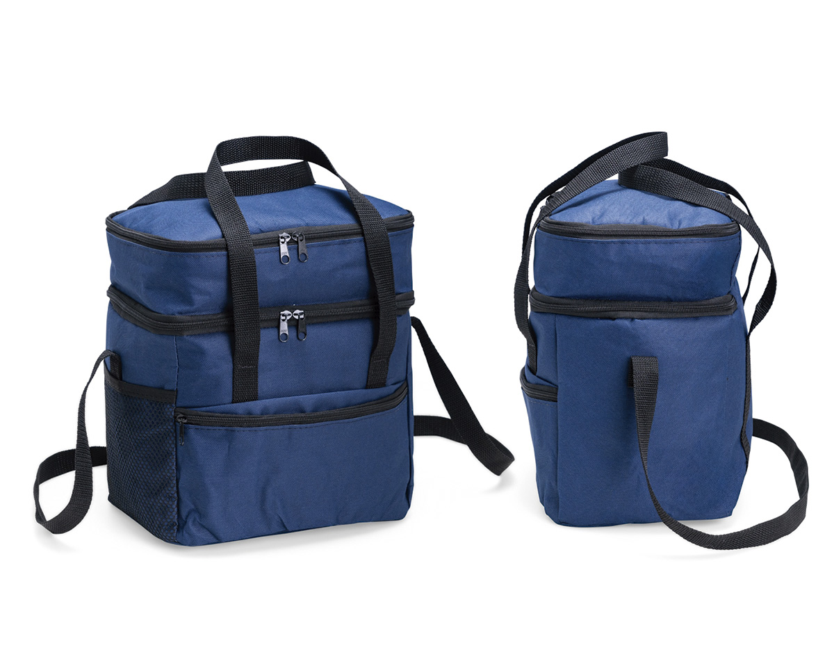Bolsa térmica confeccionada em poliéster 600 impermeável, fechamento em zíper e dois compartimentos com capacidade para até 14 litros. Possui revestimento interno em laminado branco e bolso telado em malha. Conta ainda com bolso lateral em tela, bolso frontal com fechamento em zíper, duas alças de mão e alça transversal ajustável.