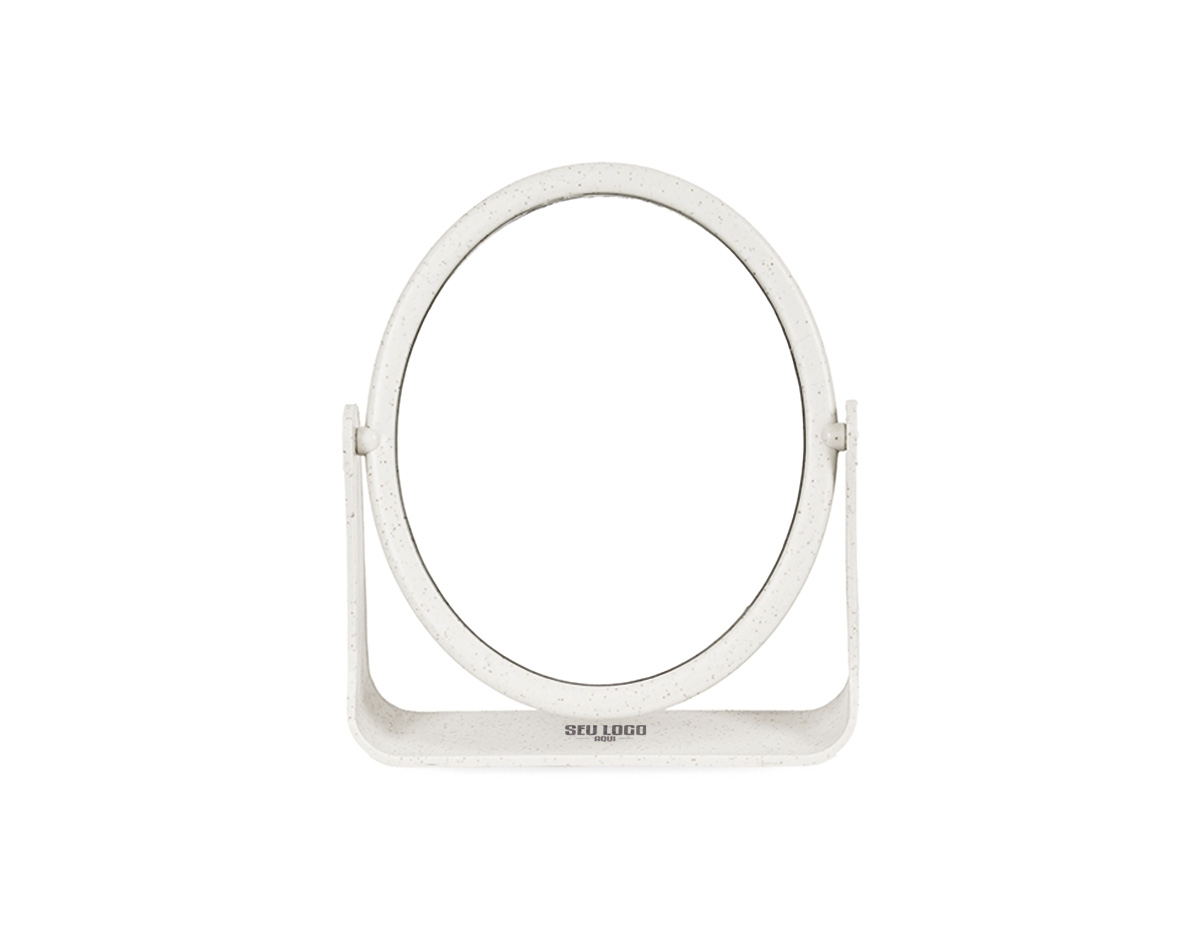 Espelho de mesa oval dupla face, sem aumento, ideal para uso diário em ambientes residenciais ou corporativos. Possui moldura e base confeccionadas em plástico polipropileno (PP), material leve e resistente, que garante estabilidade e durabilidade ao produto. Prático e funcional, é perfeito para apoiar sobre mesas, penteadeiras ou bancadas, sendo também uma ótima opção de brinde útil e elegante para ações promocionais.