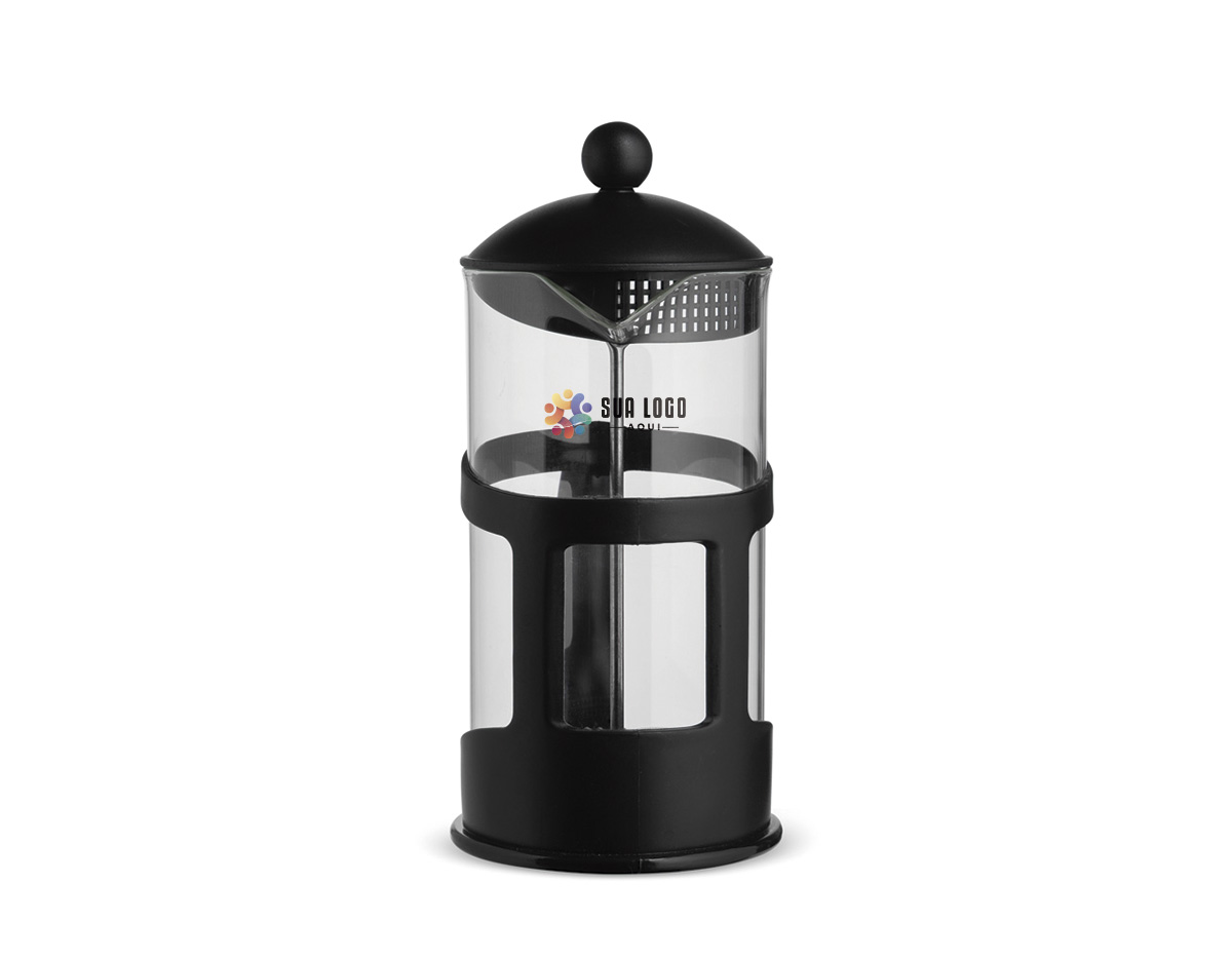 Cafeteira tipo prensa francesa em vidro com capacidade para até 1 litro, além de alça e detalhes em plástico. Possui tampa em plástico com êmbolo e tela em inox.