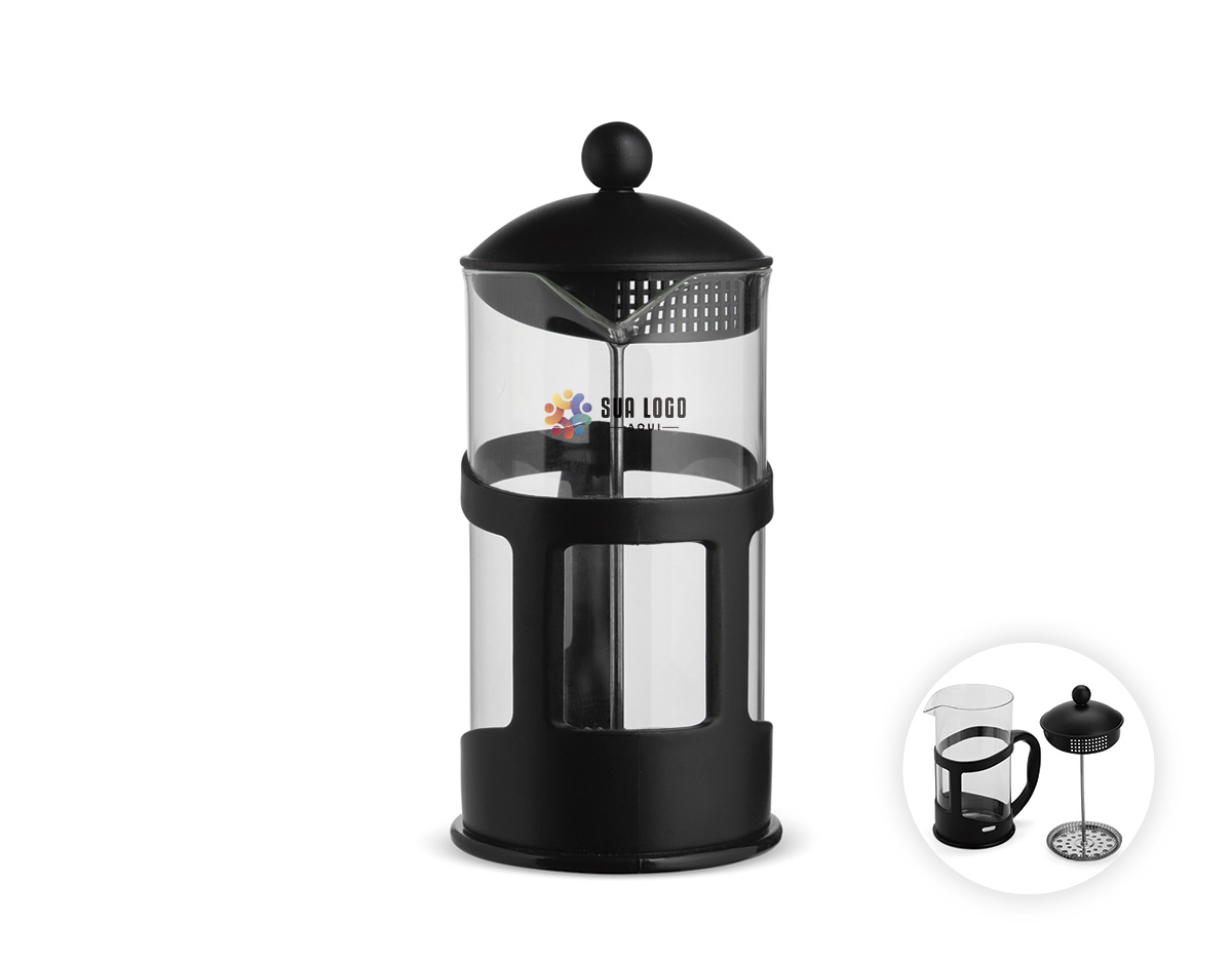 Cafeteira tipo prensa francesa em vidro com capacidade para até 1 litro, além de alça e detalhes em plástico. Possui tampa em plástico com êmbolo e tela em inox.