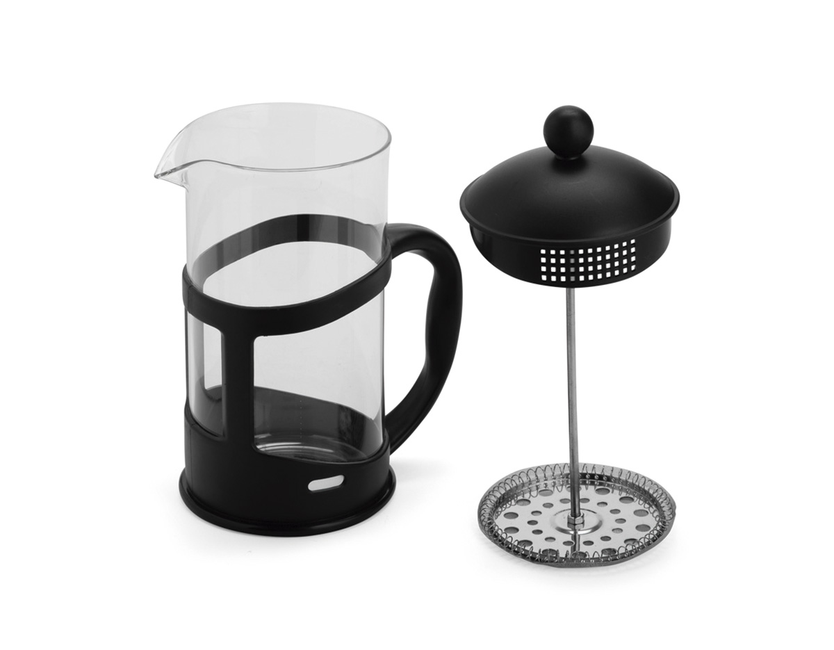 Cafeteira tipo prensa francesa em vidro com capacidade para até 1 litro, além de alça e detalhes em plástico. Possui tampa em plástico com êmbolo e tela em inox.