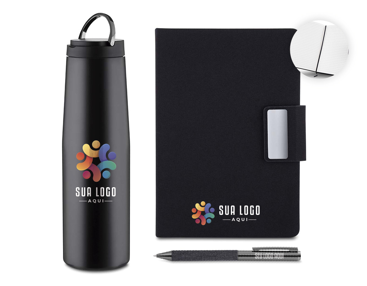 Conjunto elegante e sustentável, composto por caderno em material RPET com fechamento magnético e 100 páginas, ideal para anotações do dia a dia. Acompanha caneta modelo twist com detalhe em tecido RPET preto e garrafa térmica de parede dupla em inox, com interior em inox 304, exterior em inox 201 e capacidade de 550 ml. O kit é entregue em caixa presenteável, tornando-se um brinde corporativo sofisticado, funcional e alinhado a práticas sustentáveis.
Dimensão do Produto: 23,5x7,1cm (Garrafa) - 21x14,5cm (Caderno) - 7,6x30x24,7cm (Caixa)