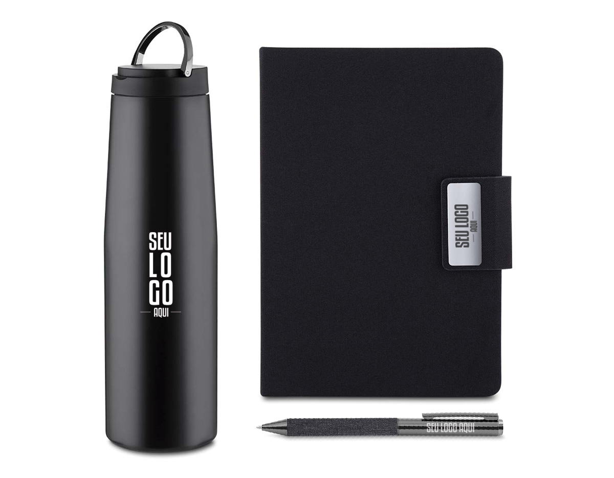 Conjunto elegante e sustentável, composto por caderno em material RPET com fechamento magnético e 100 páginas, ideal para anotações do dia a dia. Acompanha caneta modelo twist com detalhe em tecido RPET preto e garrafa térmica de parede dupla em inox, com interior em inox 304, exterior em inox 201 e capacidade de 550 ml. O kit é entregue em caixa presenteável, tornando-se um brinde corporativo sofisticado, funcional e alinhado a práticas sustentáveis.
Dimensão do Produto: 23,5x7,1cm (Garrafa) - 21x14,5cm (Caderno) - 7,6x30x24,7cm (Caixa)