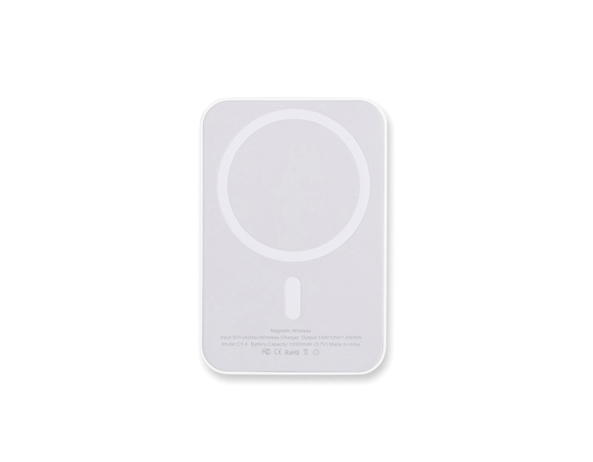 Power bank para carregamento de dispositivos compatíveis com a tecnologia de indução magnética, estrutura em plástico, entrada USB-C para alimentação e capacidade de até 10.000mAh.