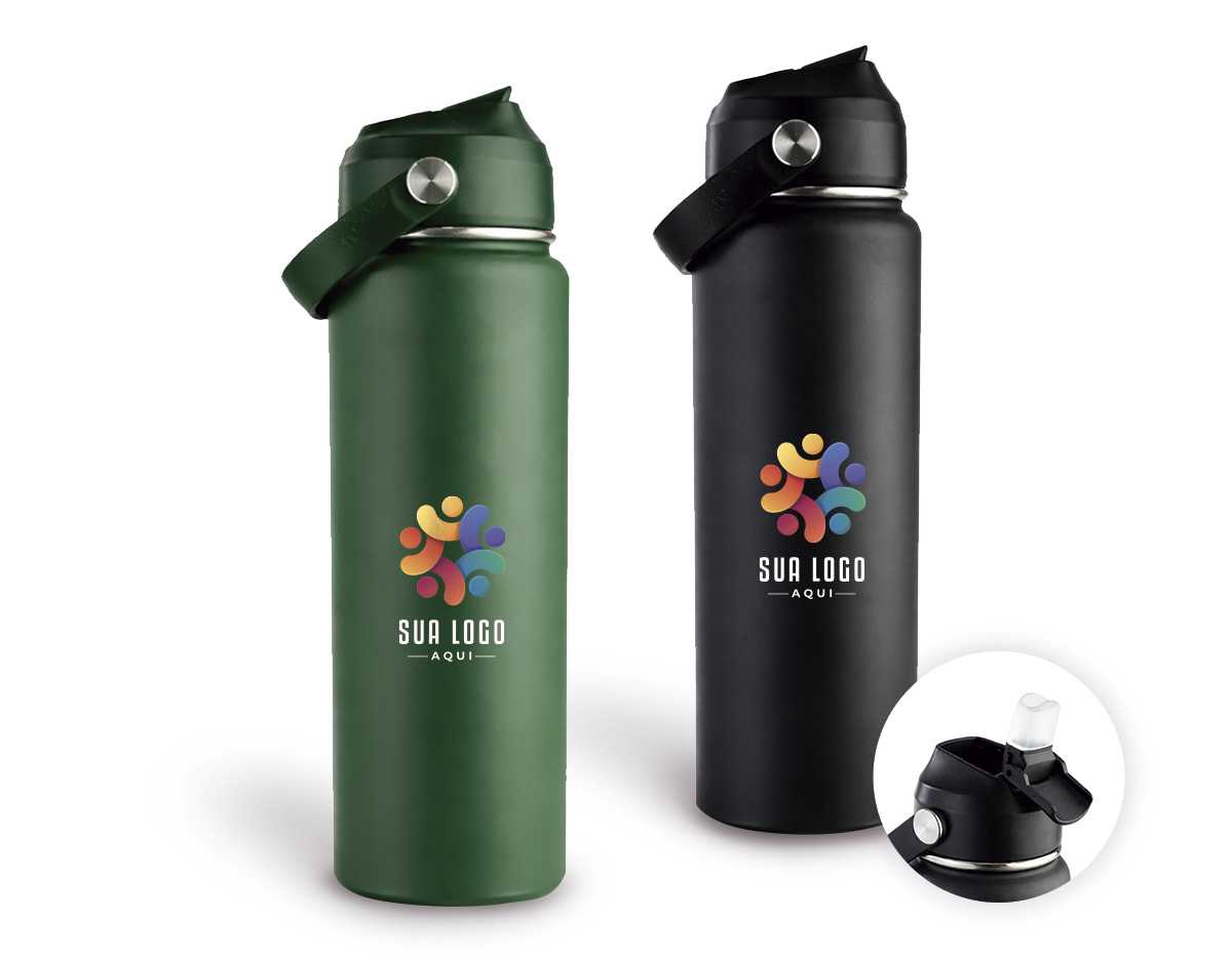 Garrafa térmica de parede dupla com parte externa em inox 201 com pintura eletrostática e camada interna em inox 304. Possui capacidade de até 600ml, tampa rosqueável em plástico polipropileno (PP), bico retrátil em silicone com protetor em plástico e alça em borracha termoplástica (TRP). Acompanha canudo plástico para encaixe interno.