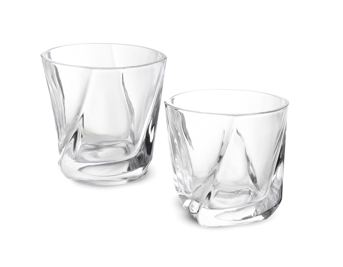 Kit drink contendo 2 copos de vidro (200ml cada), 1 pinça para gelo com pontas em silicone e 6 pedras de granito para gelo, acondicionado em caixa presenteável fabricada em papel cartonado resistente.