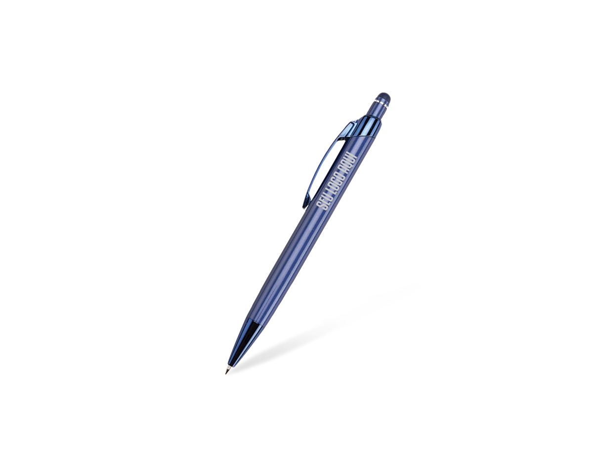 Caneta metálica com ponteira e clip com acabamento refletivo, acionamento por clique, carga esferográfica azul de 1,0 mm e topo emborrachado para uso em telas sensíveis ao toque.
