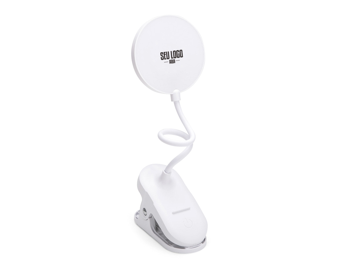 Luminária recarregável com estrutura em plástico, haste flexível ajustável e 12 LEDs, sendo 6 de luz quente e 6 de luz fria. Possui três níveis de iluminação, acionamento por toque na base e presilha para fixação em superfícies. 
Observação: Acompanha cabo USB-C para recarga.