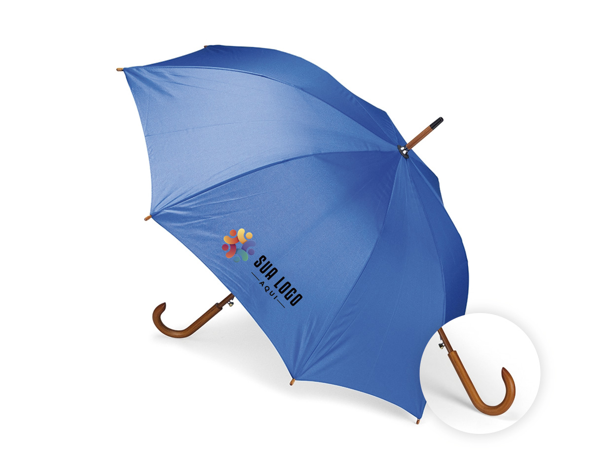 Guarda-chuva em poliéster com abertura automática por botão metálico. Possui estrutura com haste e pegador em madeira de bétula, oito varetas metálicas e faixa para fechamento em velcro.