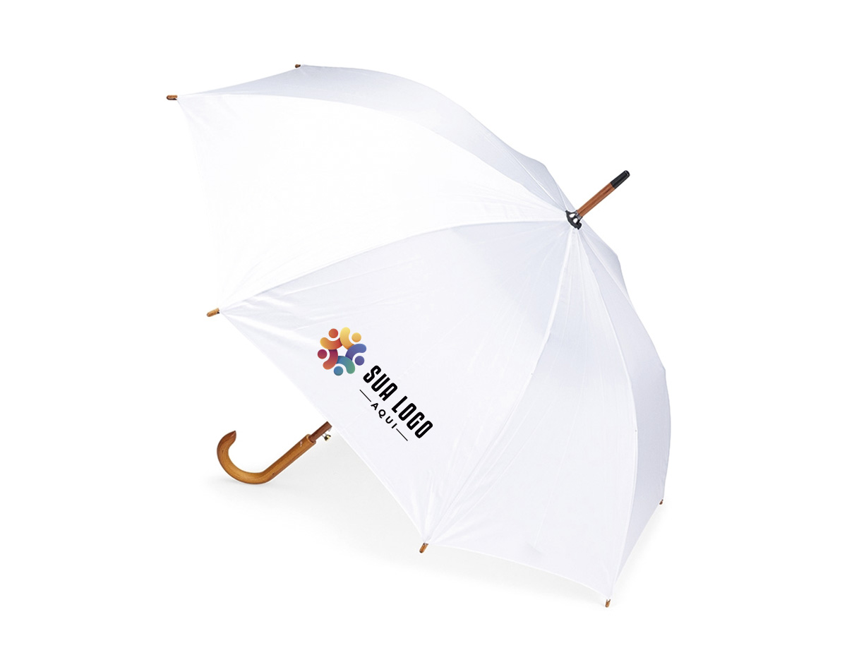 Guarda-chuva em poliéster com abertura automática por botão metálico. Possui estrutura com haste e pegador em madeira de bétula, oito varetas metálicas e faixa para fechamento em velcro.