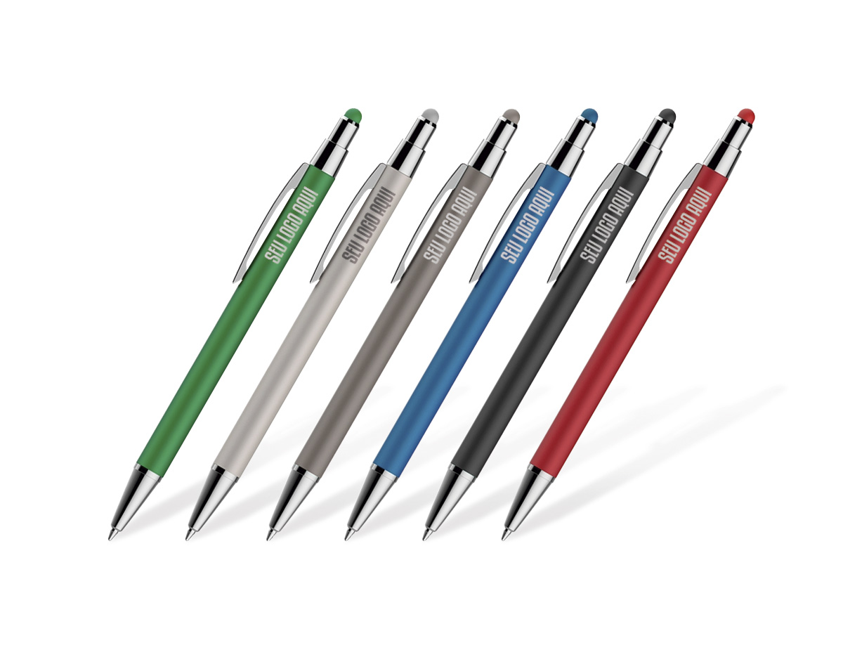 Elegante e funcional, esta caneta metálica une escrita suave com carga esferográfica azul e acionamento por clique. Possui ponteira touch screen, ideal para uso em smartphones e tablets. Um brinde corporativo versátil que transmite modernidade e praticidade no dia a dia.