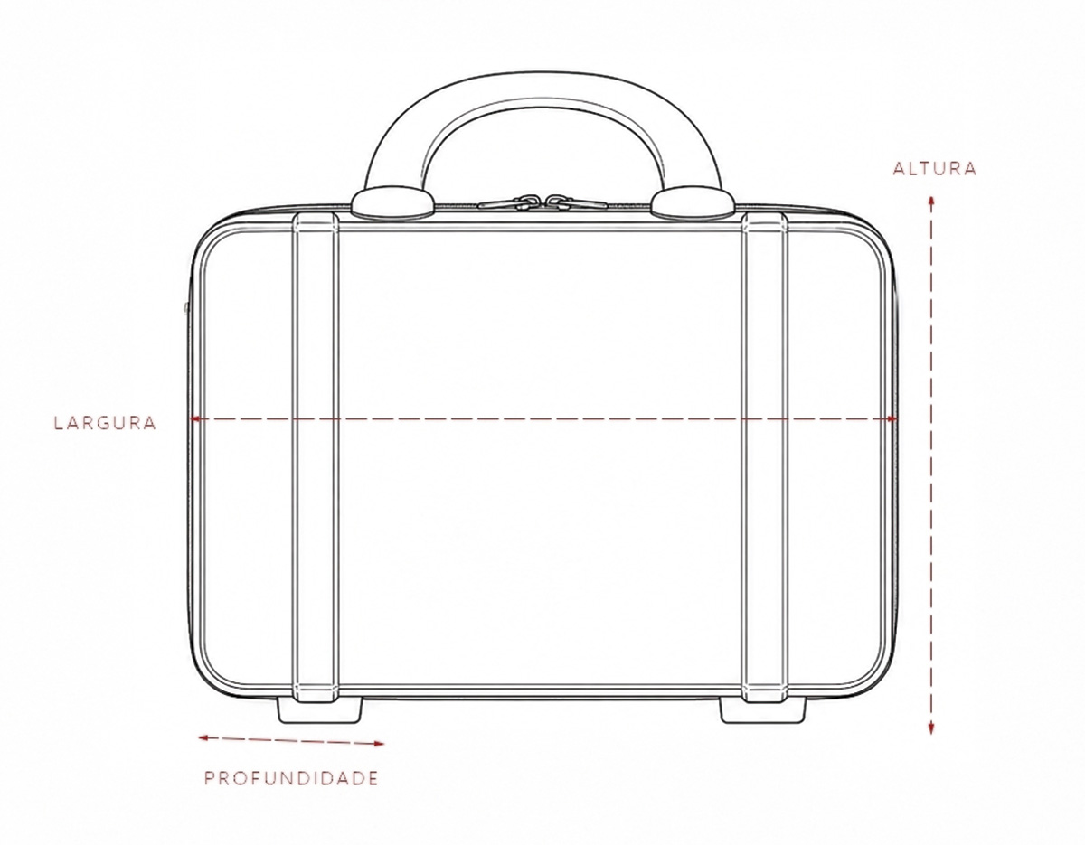 Frasqueira de viagem em plástico ABS com capacidade máxima de 8 litros. Possui compartimento interno com revestimento em poliéster, fechamento em zíper e bolso em tela de malha em uma das laterais, além de cinta compressora de engates plástico na outra. Apresenta quatro apoios reforçados na parte inferior, duas alças de mão, engate elástico para alças de malas e fechamento externo em zíper.