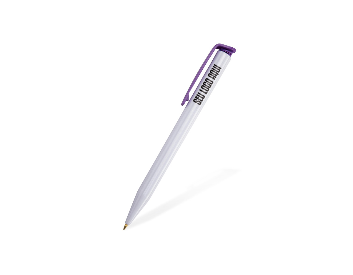 Caneta plástica com acionamento por clique e carga esferográfica azul de 1,0 mm. Modelo funcional e leve, indicado para uso diário em escritórios, escolas, eventos e ações promocionais.