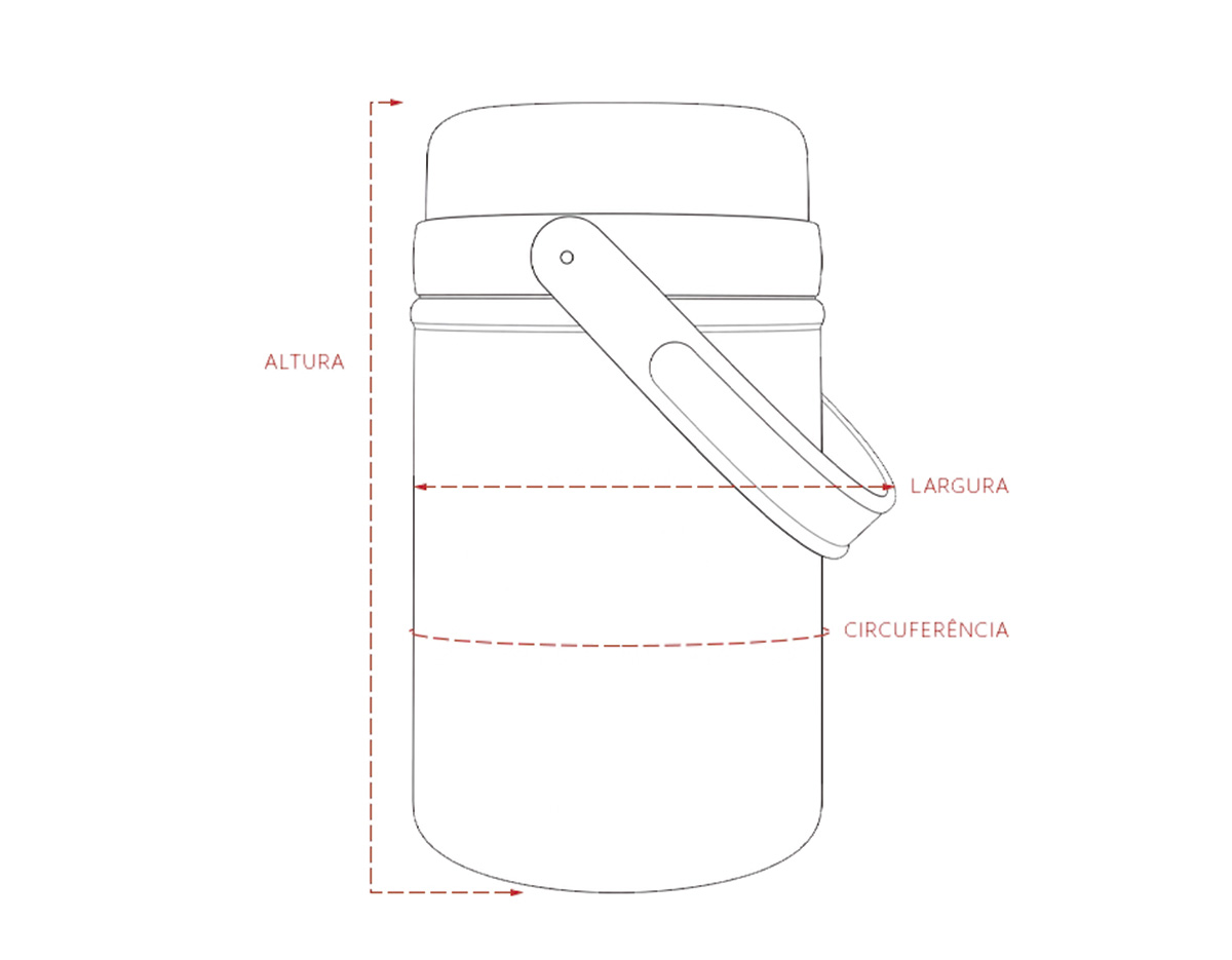 Pote térmico com capacidade máxima de 500 ml, desenvolvido em estrutura de parede dupla, com interior em aço inox 304 e exterior em aço inox 201 com pintura eletrostática. Possui base antiderrapante em silicone e duas tampas rosqueáveis em plástico polipropileno (PP). A tampa interna conta com anel de vedação em silicone e compartimento para armazenamento da colher retrátil, enquanto a externa possui alça para transporte. Acompanha colher retrátil em inox 304.