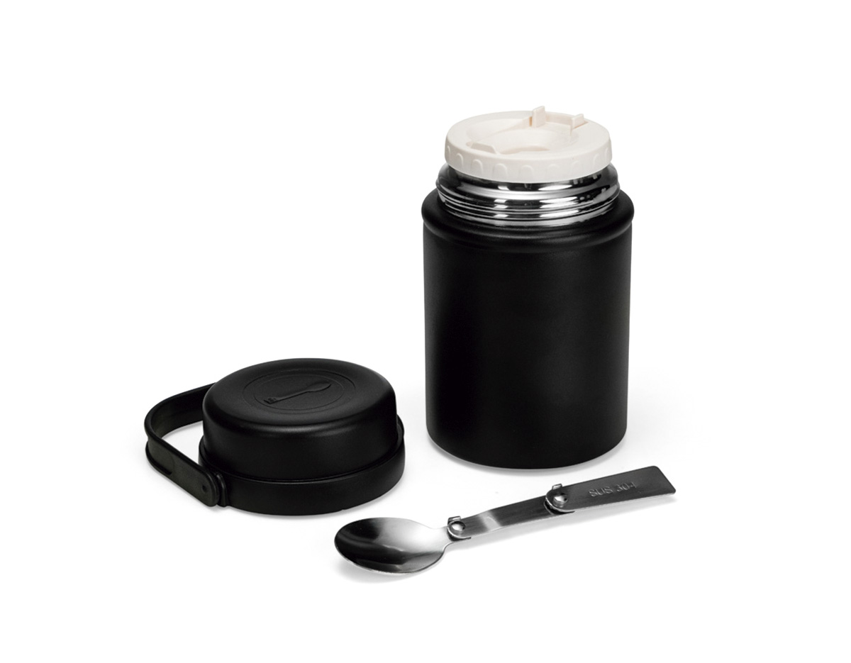 Pote térmico com capacidade máxima de 500 ml, desenvolvido em estrutura de parede dupla, com interior em aço inox 304 e exterior em aço inox 201 com pintura eletrostática. Possui base antiderrapante em silicone e duas tampas rosqueáveis em plástico polipropileno (PP). A tampa interna conta com anel de vedação em silicone e compartimento para armazenamento da colher retrátil, enquanto a externa possui alça para transporte. Acompanha colher retrátil em inox 304.
