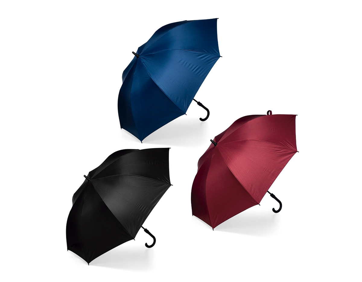 Guarda-chuva em Oxford de impacto impermeável com abertura automática por botão em plástico. Possui estrutura com haste em ferro, pegador em polipropileno (PP), oito varetas em fibra de vidro e faixa para fechamento em velcro.