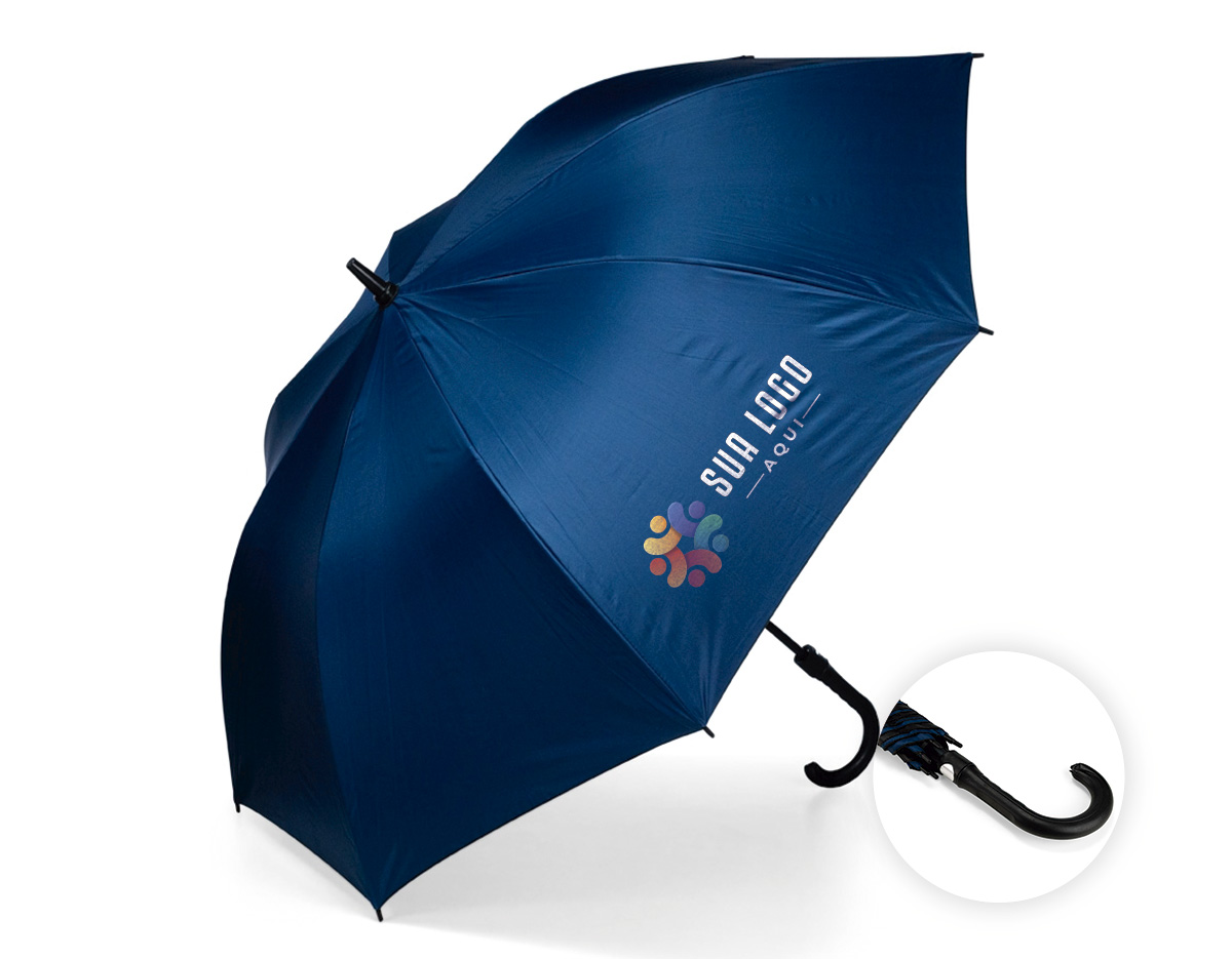 Guarda-chuva em Oxford de impacto impermeável com abertura automática por botão em plástico. Possui estrutura com haste em ferro, pegador em polipropileno (PP), oito varetas em fibra de vidro e faixa para fechamento em velcro.