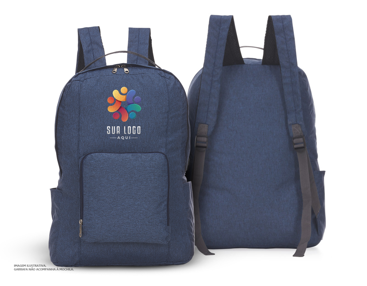 Mochila dobravel com alça de mão bolso frontal com ziper bolso lateral. Confeccionada em tecido polyester.