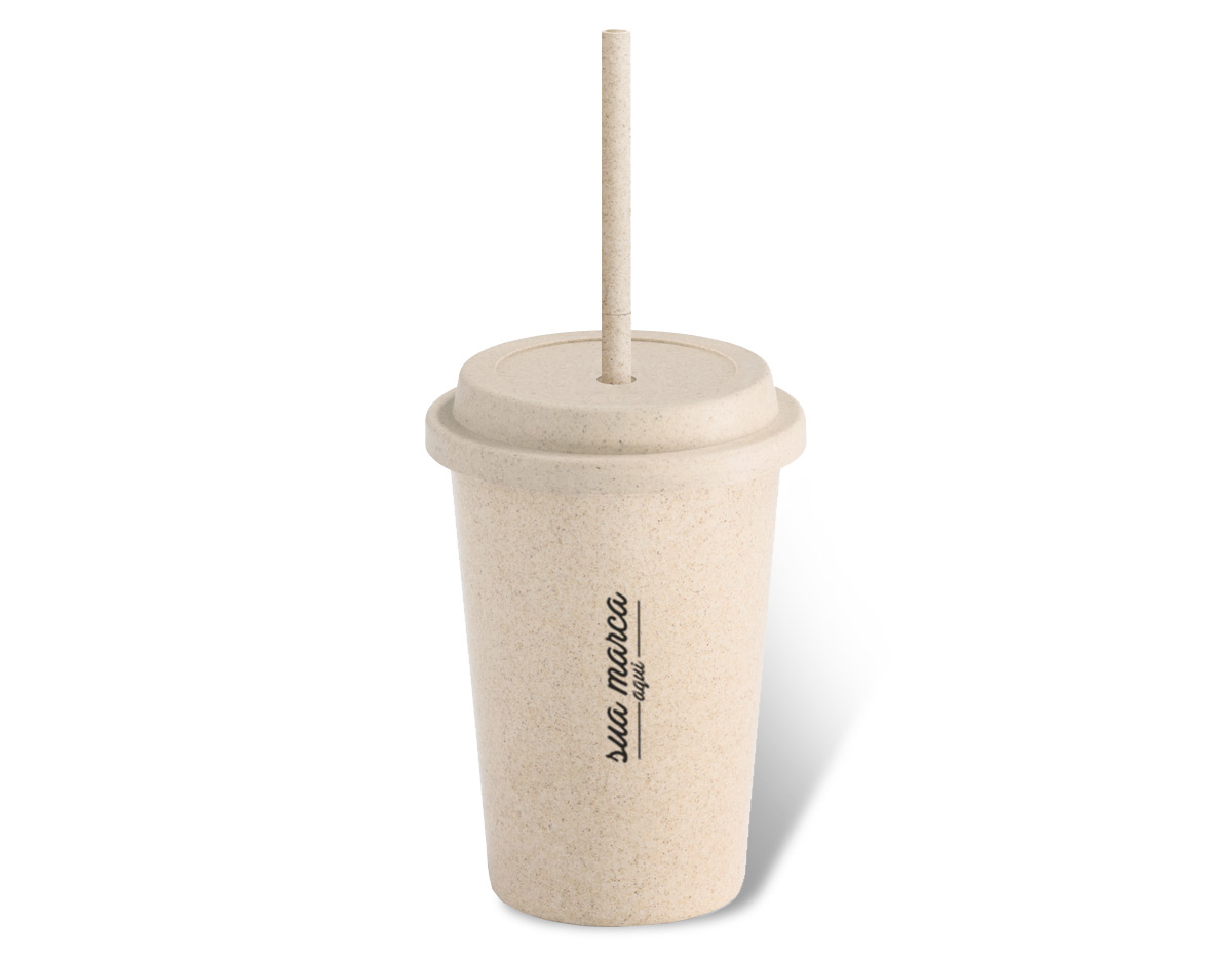Copo de viagem fibra de bambu e PP com canudo retrátil capacidade 450 ml