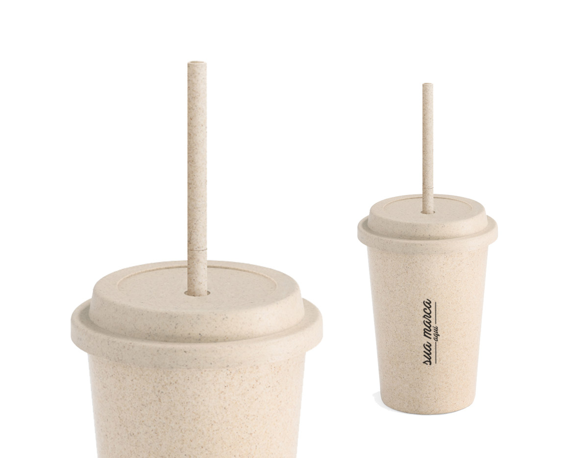 Copo de viagem fibra de bambu e PP com canudo retrátil capacidade 450 ml