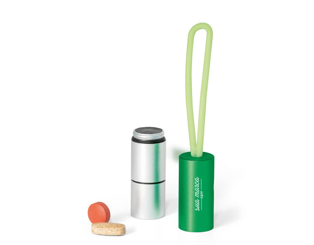 Chaveiro alumínio com 1 led  com porta comprimidos e fita em silicone